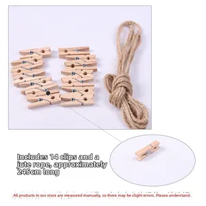 Set of 14 wooden clips with 245cm natural jute rope for Christmas photo display