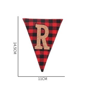 Detail view of a buffalo plaid Christmas banner flag showing 14.5x11cm dimensions