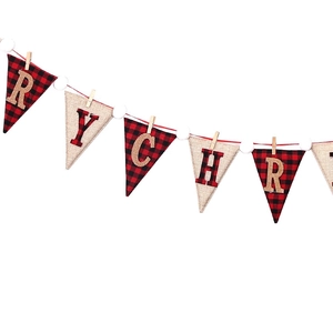Detail of Christmas banner with red plaid and burlap triangles, wooden clips and pom poms