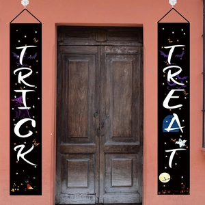 Vertical Halloween Trick or Treat door banners with black cat and pumpkin illustrations