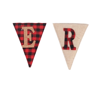 Detailed view of burlap Christmas bunting with red and black buffalo plaid letters