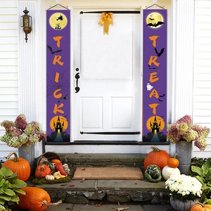 Trick or Treat Halloween door banners set with purple banners on a white door scene