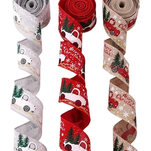 Three-pack Christmas faux linen ribbons with vintage truck, tree prints and Merry Christmas text
