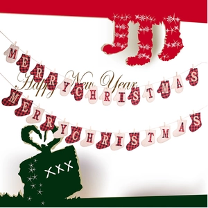 Detail of red and black plaid Christmas stockings and mittens banner with Merry Christmas print