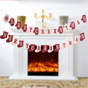 Burlap Christmas banner with red buffalo plaid letters MERRY CHRISTMAS over white fireplace