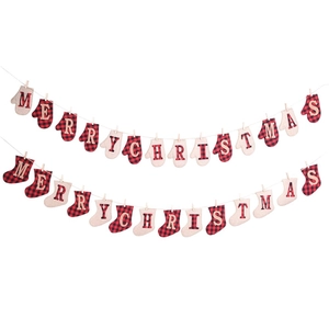 Plaid Christmas bunting banners with Merry Christmas letters on gloves and socks shapes