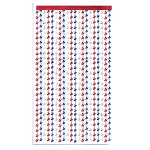 Red white and blue tinsel curtain with pigeon silhouettes for festive party decorations