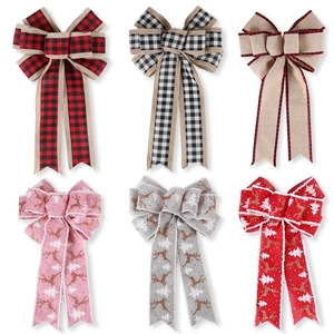 Large Christmas Buffalo Plaid Burlap Bow Ornaments With Reindeer Christmas Tree Pattern Polyester Fabric Festive Hanging Decoration For Tree Door Party Decor