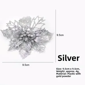 Silver glitter artificial Christmas flower 9.5cm plastic ornament for tree decoration