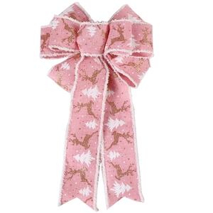 Pink burlap Christmas bow featuring white tree prints and golden glitter reindeer designs