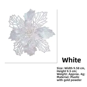 Detailed view of white artificial Christmas flower with glitter texture and dimensions