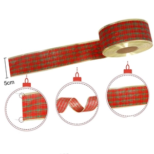 Red and green plaid Christmas ribbon with gold wired edges for gift wrapping decor