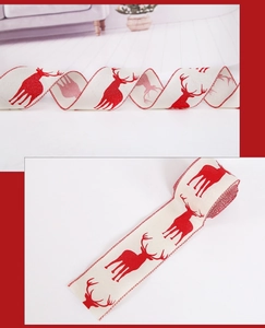 Detail of Christmas ribbon featuring red reindeer print and durable stitched edges