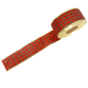 6.3cm red and green plaid Christmas ribbon with gold wired edges for gift wrapping