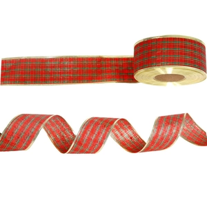 6.3cm red and green plaid Christmas ribbon with gold wire edges for festive tree decoration