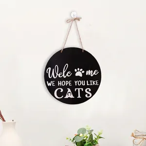 Zwart houten Welkomstbord voor kattenliefhebbers met kattensilhouetten en touwhanger