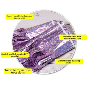 Detail of purple laser foil fringe curtain with PET material and 6mm double-sided adhesive tape