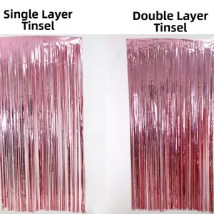 Comparison of single and double layer rose gold party fringe curtains with metallic finish