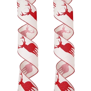 Christmas red reindeer printed ribbons with festive stitching for holiday party decoration