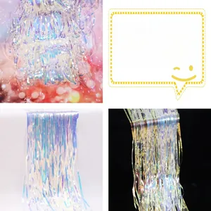 Detailed views of iridescent tinsel fringe curtains on various background colors for party decor