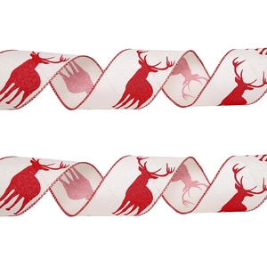 Christmas ribbon with red elk silhouettes and stitched edges on white background