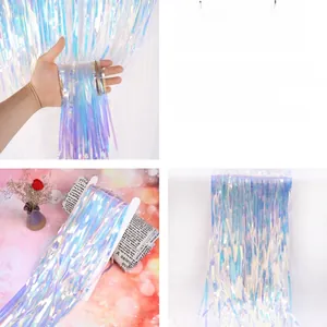 Detailed macro view of colorful iridescent PET fringe curtain for party backdrops