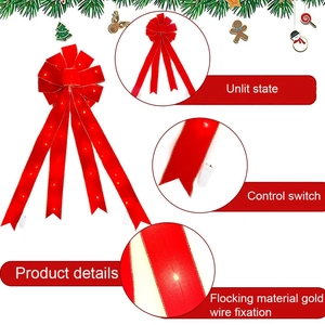 Nœud de Noël rouge en velours avec LED et bordure dorée pour décoration de sapin et porte