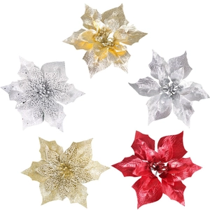 Artificial Christmas Poinsettia Flowers Glitter Hollow Design Ornaments For Christmas Tree DIY Party Home Decoration Xmas Flower