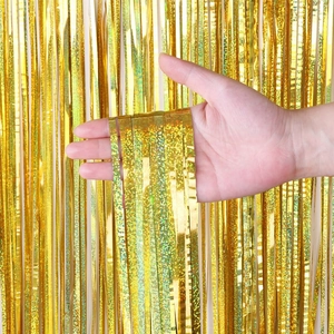 Golden holographic tinsel curtain for party background decoration with laser metallic shine