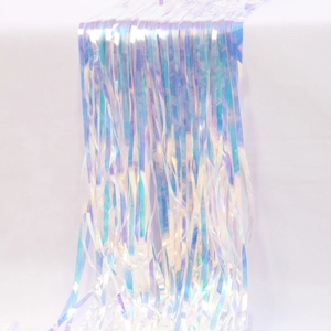 Iridescent laser rain curtain detail showing holographic light reflection and texture