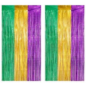 Green gold and purple foil fringe curtains for Mardi Gras party background decoration