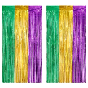 Green gold and purple metallic fringe foil curtains for Mardi Gras party backdrop decoration