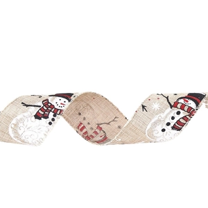 Linen Christmas ribbon with snowman patterns and snowflakes for holiday tree decoration