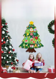 Detail of DIY green felt Christmas tree with colorful velcro ornaments and warm LED lights