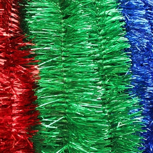 Dense 2m metallic Christmas tinsel garland in red green and blue for festive party decoration