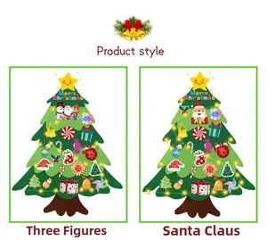 Detail of DIY felt Christmas tree with colorful LED light string and decorative ornaments