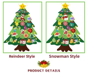 Detail of DIY felt Christmas tree kit with LED lights, reindeer and snowman designs