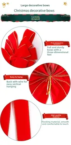 Detail of red velvet Christmas bow featuring gold edges and secure gold wire tie on reverse
