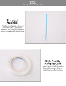 Detail of blue plastic threading needle and white ribbon for hanging party banners