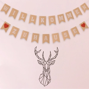 German Willkommen Zuhause welcome home swallowtail banner with geometric deer head decoration
