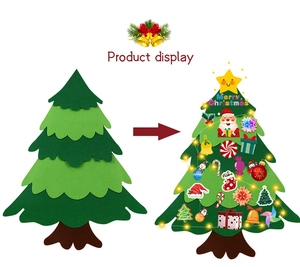 Detail view of DIY felt Christmas tree with colorful ornaments and LED fairy lights