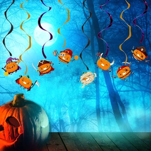 Halloween spiral pendants with cartoon pumpkin witch and vampire on spooky forest background