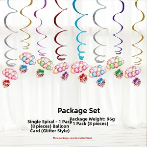 Detail showing 8 rainbow spiral hanging swirls and glitter balloon cards for birthday parties