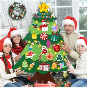 DIY felt Christmas tree set with colorful ornaments and LED lights for festive home decor