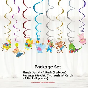 Colorful animal party hanging swirl decorations with cute cartoon animal card cutouts