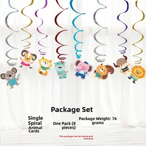 Close-up of animal party hanging decorations featuring colorful spirals and cartoon cards