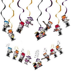 Cartoon skeleton musicians with foil swirls for Halloween party decoration set