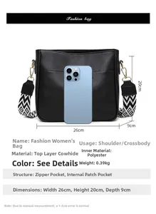 Detailed view of black leather crossbody bag dimensions and premium material specs