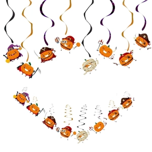Halloween spiral ceiling decorations featuring cartoon pumpkin characters like vampires and witches