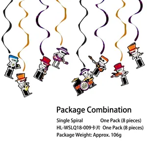 Halloween spiral hanging set with 8 cartoon skeleton musicians for party decoration